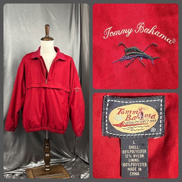Vintage 90s Tommy Bahama Red Windbreaker Jacket Size L Golf Marlin Embroidered - Picture 1 of 17